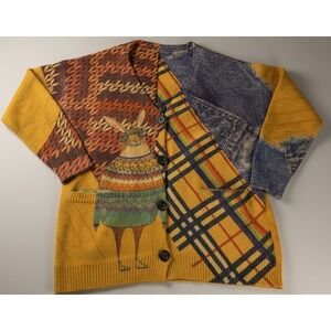Womens Large Rabbit Cardigan Sweater Wool Blend Mustard Patchwork Button Front